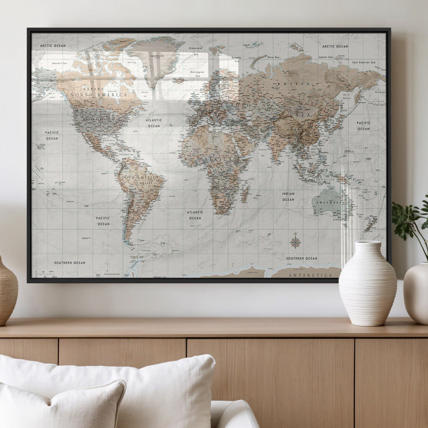 11796935-MGV-FP-36X24-3P_Black-Neutral World Map Wall Art – Vintage Style Beige and Brown Canvas Print – Large Travel Map Poster for Home, Office, Study, or