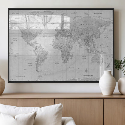 10516725-MGV-FP-36X24-3P_Black-Black and White World Map Wall Art – Minimalist Grayscale Canvas Print – Modern Detailed Travel Map Poster for Home, Office, or