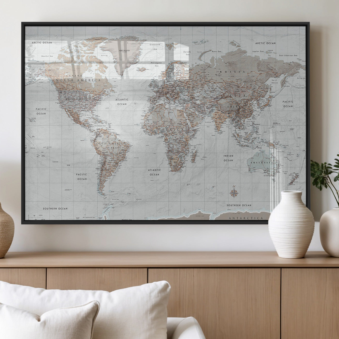 59737235-MGV-FP-36X24-3P_Black-Muted Gray & Copper World Map Wall Art – Modern Vintage Canvas Print – Neutral Gray and Brown Detailed Travel Map for Office,