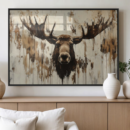 34496536-MGV-FP-36X24-3P_Black-Rustic Moose Wall Art – Modern Abstract Animal Canvas Print – Majestic Moose Head Painting with Neutral Earth Tones for Cabin,