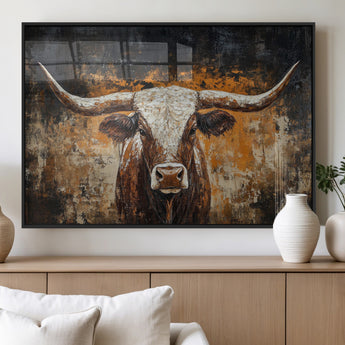 25265572-MGV-FP-36X24-3P_Black-Longhorn Bull Wall Art – Rustic Western Texas Steer Canvas Print, Textured Animal Painting for Home, Office, Man Cave or Farmhouse