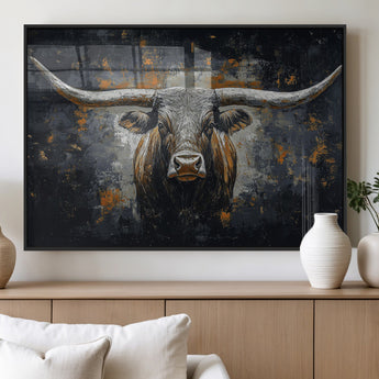 93195031-MGV-FP-36X24-3P_Black-Dark Longhorn Bull Wall Art – Western Steer Canvas Print, Moody Rustic Animal Painting for Man Cave, Ranch House, Office or Modern
