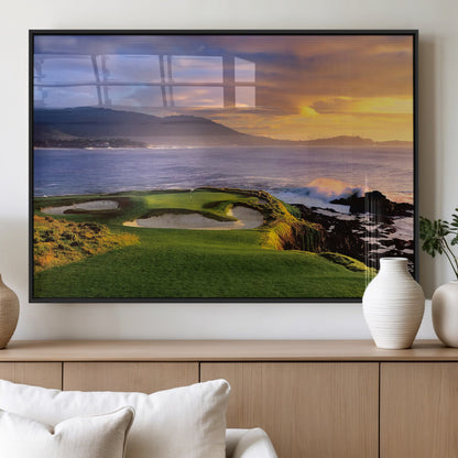 39644075-MGV-FP-36X24-3P_Black-Golf Course Wall Art – Coastal Sunset Canvas Print, Scenic Oceanfront Fairway Landscape Decor for Office, Man Cave, or Living Room