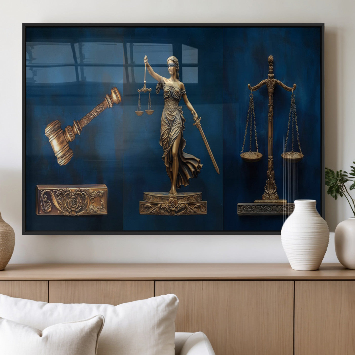 91629053-MGV-FP-36X24-3P_Black-Lady Justice Wall Art – Golden Gavel and Scales Canvas Print, Elegant Legal Office Decor for Lawyers, Judges, Courtroom or Study