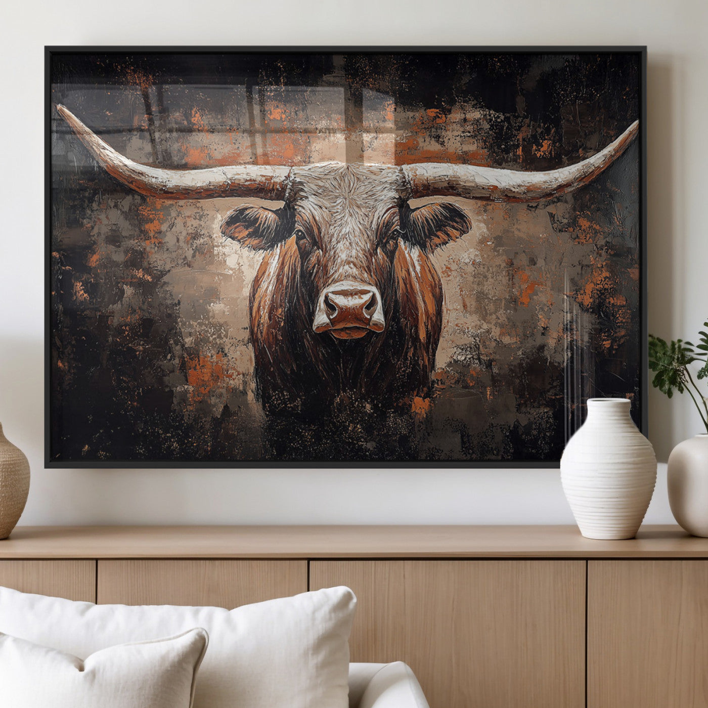 24779067-MGV-FP-36X24-3P_Black-Longhorn Bull Wall Art – Western Rustic Canvas Print, Bold Cowboy Cattle Painting for Ranch House, Farmhouse, Office, or Living