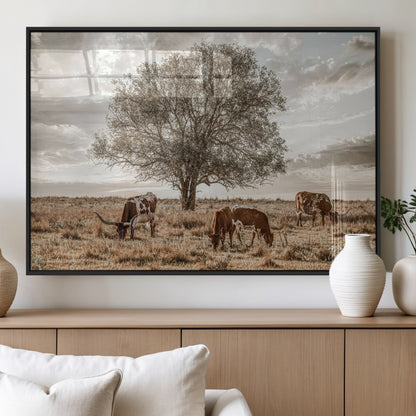 87590224-MGV-FP-36X24-3P_Black-Longhorn Cattle Wall Art – Rustic Western Landscape Canvas Print, Texas Farmhouse Prairie Scene for Living Room, Office, or Ranch