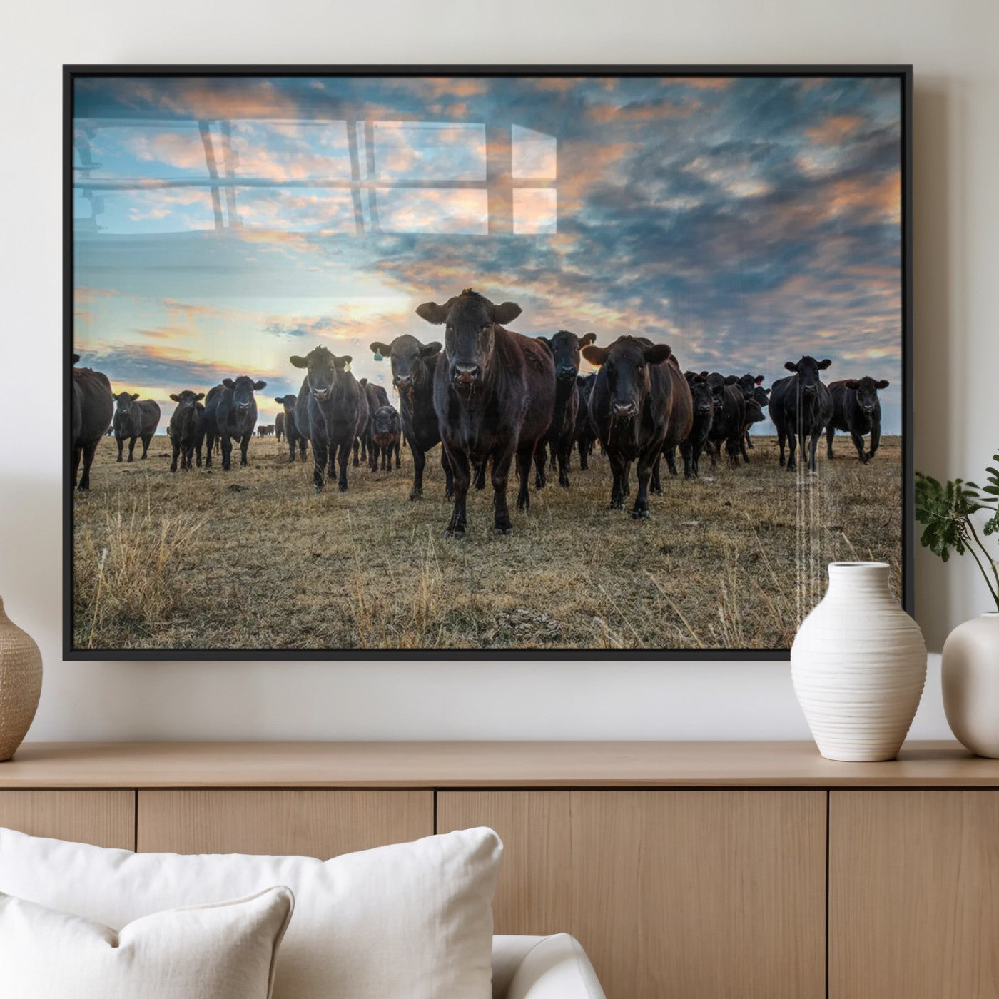 13867292-MGV-FP-36X24-3P_Black-Black Cattle Wall Art – Rustic Ranch Herd Canvas Print, Western Farmhouse Country Landscape Decor for Living Room, Office, or