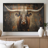 19204445-MGV-FP-36X24-3P_Black-Texas Longhorn Bull Wall Art – Rustic Western Canvas Print, Bold Cowboy Cattle Painting for Ranch House, Farmhouse, Office, or