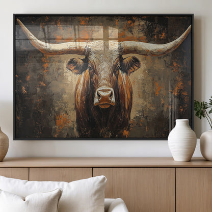 19204445-MGV-FP-36X24-3P_Black-Texas Longhorn Bull Wall Art – Rustic Western Canvas Print, Bold Cowboy Cattle Painting for Ranch House, Farmhouse, Office, or