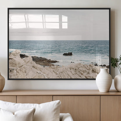 25481980-MGV-FP-36X24-3P_Black-Ocean Coastal Wall Art – Rocky Shoreline and Waves Canvas Print, Serene Beach Landscape Decor for Living Room, Bedroom, or Office