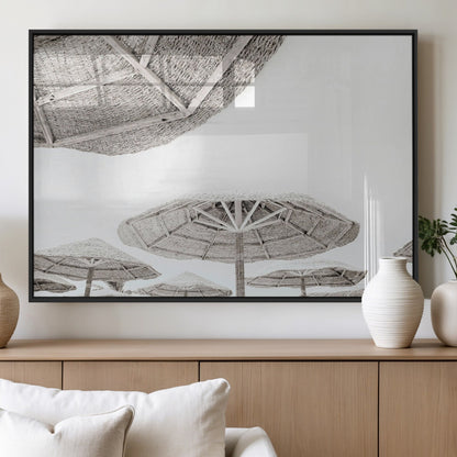 97043123-MGV-FP-36X24-3P_Black-Beach Umbrella Wall Art – Minimalist Coastal Canvas Print, Woven Parasol Summer Decor for Bedroom, Living Room, or Modern Beach