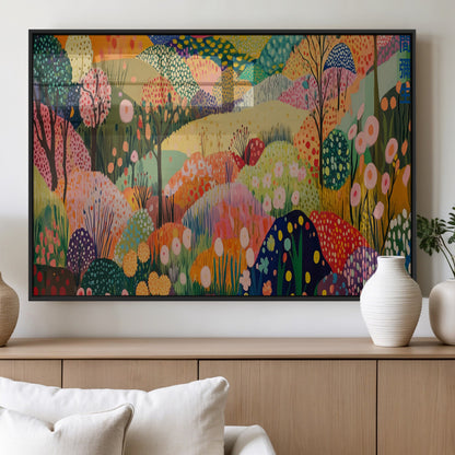 79636380-MGV-FP-36X24-3P_Black-Colorful Abstract Landscape Wall Art – Vibrant Hills and Flowers Canvas Print, Modern Whimsical Artwork for Living Room, Bedroom,