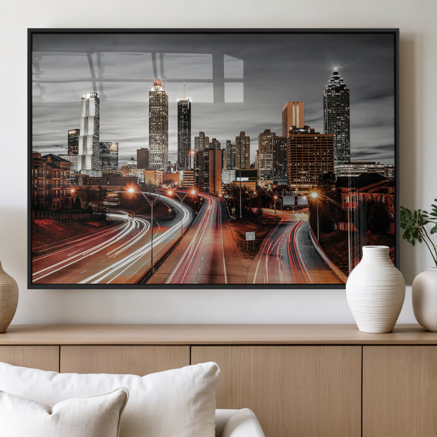 59097239-MGV-FP-36X24-3P_Black-City Skyline Wall Art – Modern Black and White Night Canvas Print with Red Light Trails, Urban Landscape Decor for Living Room or
