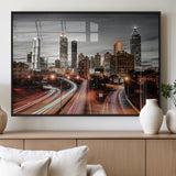 59097239-MGV-FP-36X24-3P_Black-City Skyline Wall Art – Modern Black and White Night Canvas Print with Red Light Trails, Urban Landscape Decor for Living Room or