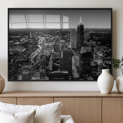 46578567-MGV-FP-36X24-3P_Black-Atlanta Skyline Wall Art – Black and White Cityscape Canvas Print, Modern Urban Night Decor for Office, Living Room, or Apartment