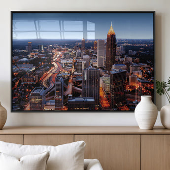 81886632-MGV-FP-36X24-3P_Black-Atlanta Skyline Wall Art – Vibrant City Lights Canvas Print, Modern Urban Cityscape Decor for Living Room, Office, or Apartment