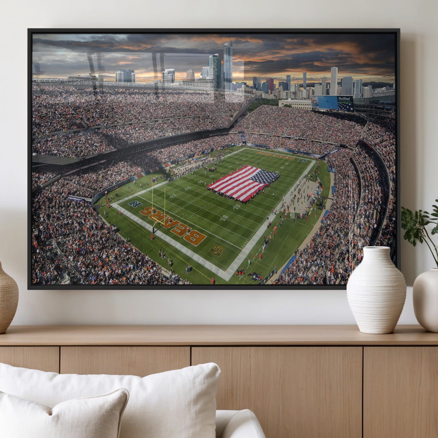 98106777-MGV-FP-36X24-3P_Black-Soldier Field Wall Art – Chicago Bears Stadium Canvas Print with American Flag, Game Day Football Decor for Man Cave, Bar, or