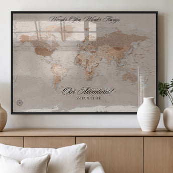 95243244-MGV-FP-36X24-3P_Black-Wander Often Wonder Always World Map Wall Art – Neutral Beige Adventure Canvas Print, Rustic Boho Travel Decor for Bedroom, Living
