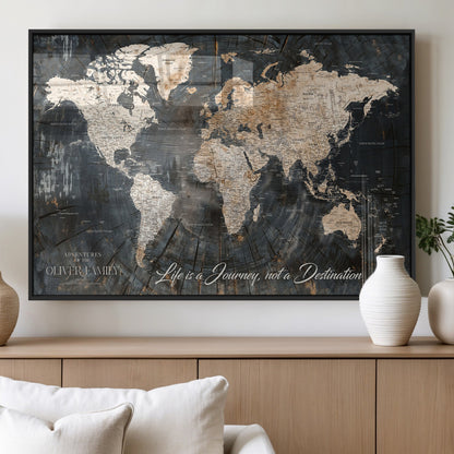 37848568-MGV-FP-36X24-3P_Black-Life is a Journey Not a Destination World Map Rustic Wood Texture Vintage Beige Navy Adventure Wall Art Canvas Print for Home