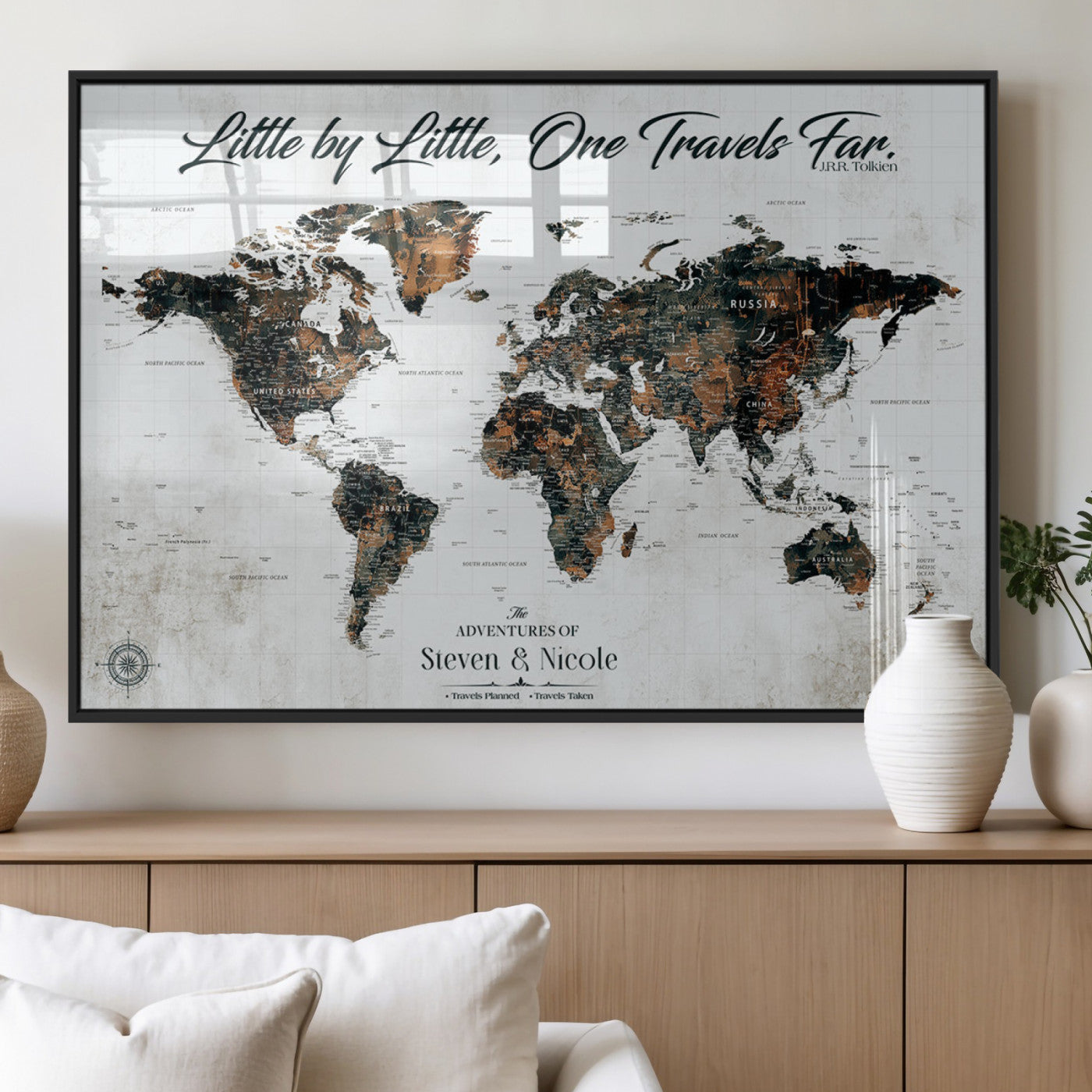 88337180-MGV-FP-36X24-3P_Black-Little by Little One Travels Far Tolkien Quote World Map Rustic Black Brown Adventure Wall Art Canvas Print for Home Office Living