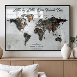 88337180-MGV-FP-36X24-3P_Black-Little by Little One Travels Far Tolkien Quote World Map Rustic Black Brown Adventure Wall Art Canvas Print for Home Office Living