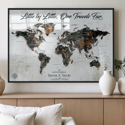 88337180-MGV-FP-36X24-3P_Black-Little by Little One Travels Far Tolkien Quote World Map Rustic Black Brown Adventure Wall Art Canvas Print for Home Office Living