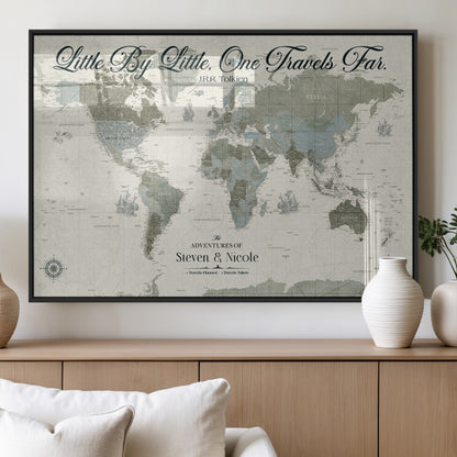 10693204-MGV-FP-36X24-3P_Black-Little By Little One Travels Far Tolkien Quote Blue Green World Map Adventure Wall Art Canvas Print Rustic Wanderlust Travel Decor