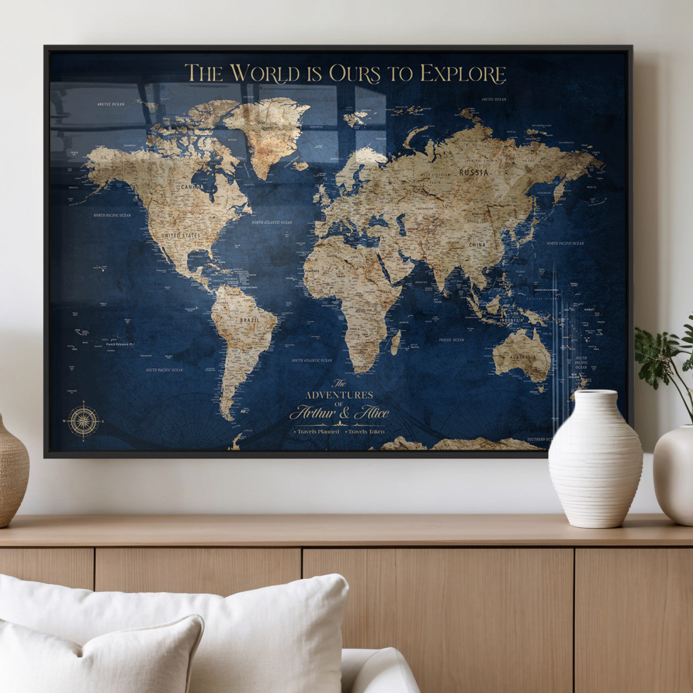 54782997-MGV-FP-36X24-3P_Black-The World is Ours to Explore Wall Art – Blue World Map Canvas Print, Adventure Travel Decor for Home, Office or Living Room,