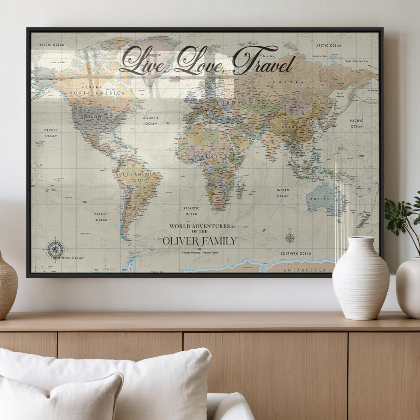 19479008-MGV-FP-36X24-3P_Black-Live Love Travel Wall Art – Detailed World Map Canvas Print, Adventure Decor for Living Room, Office or Bedroom, Travel Gift for