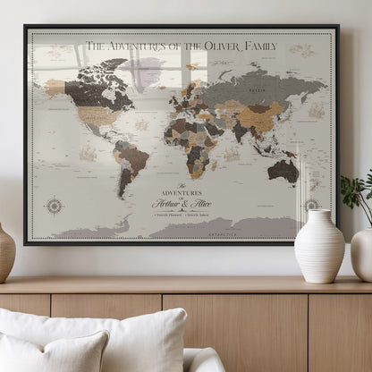 38723540-MGV-FP-36X24-3P_Black-Adventures of the Oliver Family Wall Art – Earth Tone World Map Canvas Print, Minimalist Travel Decor for Living Room, Bedroom or
