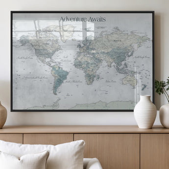 TEST111-MGV-FP-36X24-3P_Black-Personalized Adventure Awaits Push Pin World Map – Custom Framed Travel Tracker Canvas Wall Art for Home, Office