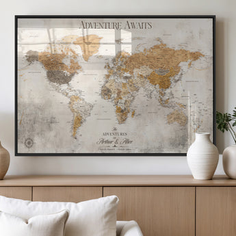 99422096-MGV-FP-36X24-3P_Black-Adventure Awaits World Map Wall Art – Neutral Beige Canvas Print, Modern Travel Inspired Wall Decor for Living Room, Bedroom or