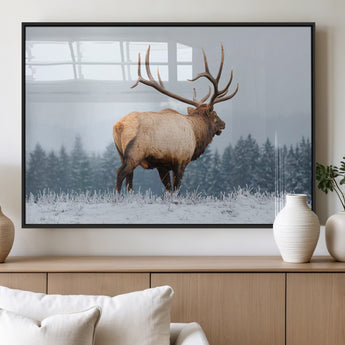 85177251-MGV-FP-36X24-3P_Black-Elk Wall Art – Majestic Wildlife Canvas Print of Bull Elk Snowy Forest, Rustic Nature Decor for Living Room, Cabin, or Office