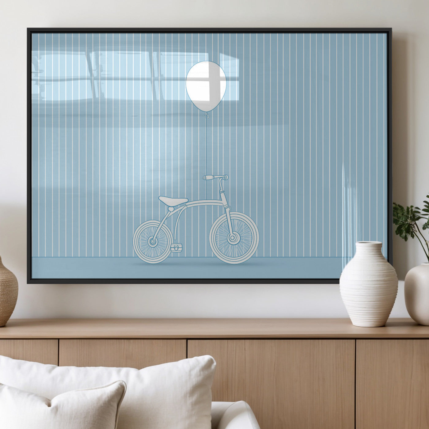 56479838-MGV-FP-36X24-3P_Black-Bicycle Wall Art – Minimalist Blue Canvas Print with Balloon Illustration, Modern Decor Artwork for Kids Room, Nursery, or Living
