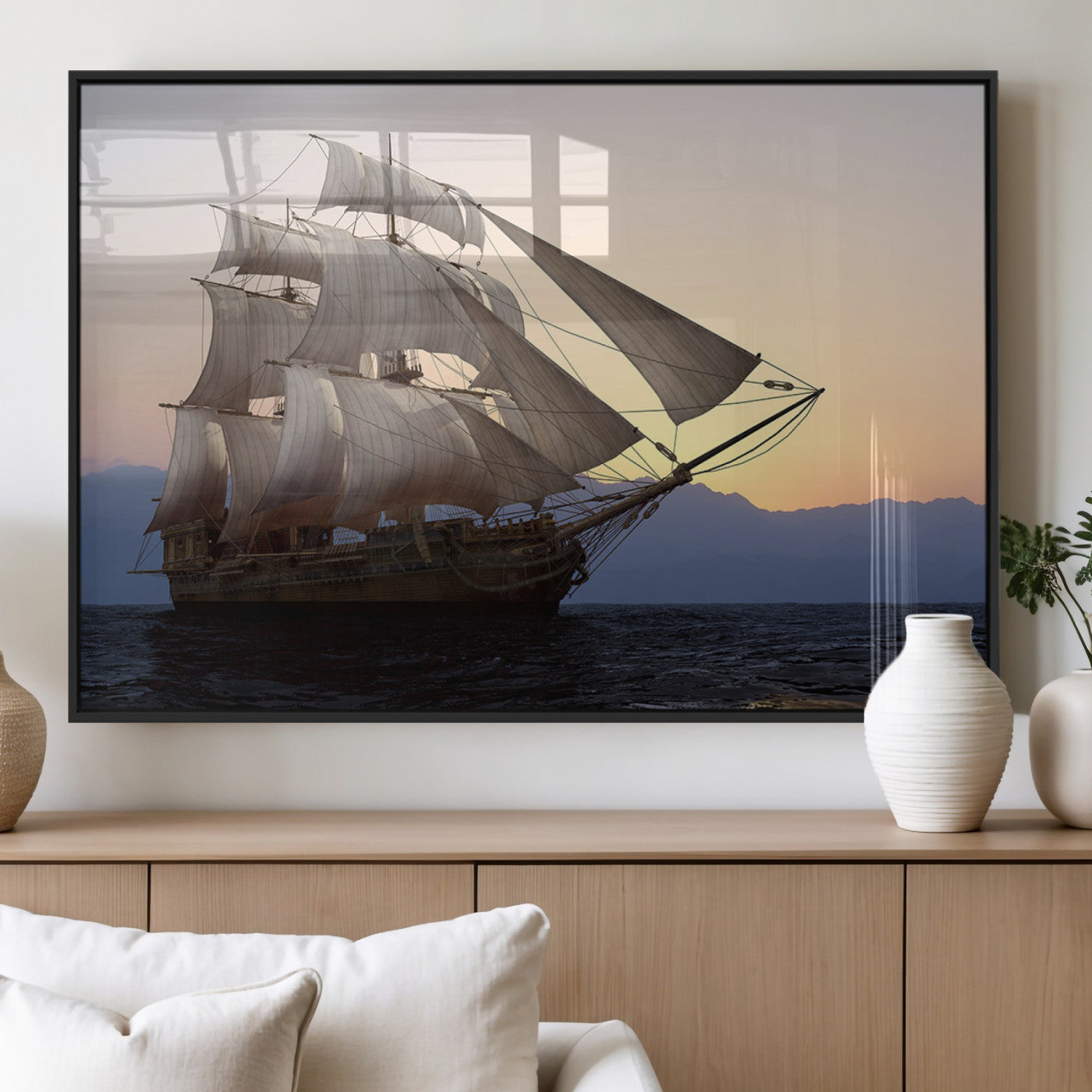 31270610-MGV-FP-36X24-3P_Black-Sailing Ship Wall Art – Sunset Seascape Canvas Print with Tall Ship at Sea, Nautical Ocean Decor for Living Room, Office, or
