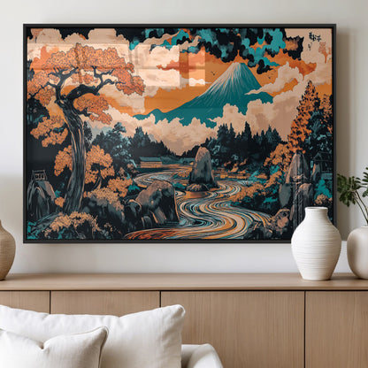 21638941-MGV-FP-36X24-3P_Black-Japanese Landscape Wall Art – Mount Fuji and Flowing River Ukiyo-e Style Canvas Print, Traditional Japan Inspired Artwork for