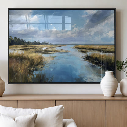 87082041-MGV-FP-36X24-3P_Black-Marshland Landscape Wall Art – Serene Nature Canvas Print with Blue Sky and Reflections, Tranquil Scenic Painting for Living Room,