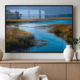 26300004-MGV-FP-60X30-3P_Black-Tranquil Marshland Canvas Wall Art – Blue Water, Reflective Sky, Golden Grasses, Calm Nature Landscape, Scenic Outdoor Beauty for