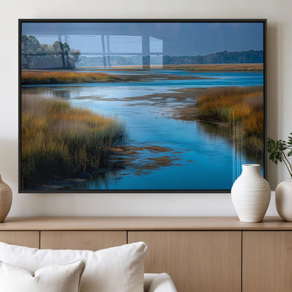 26300004-MGV-FP-60X30-3P_Black-Tranquil Marshland Canvas Wall Art – Blue Water, Reflective Sky, Golden Grasses, Calm Nature Landscape, Scenic Outdoor Beauty for
