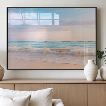 88024944-MGV-FP-36X24-3P_Black-Beach Landscape Wall Art – Coastal Ocean Canvas Print with Gentle Waves and Pastel Sky, Serene Seascape Photography for Living
