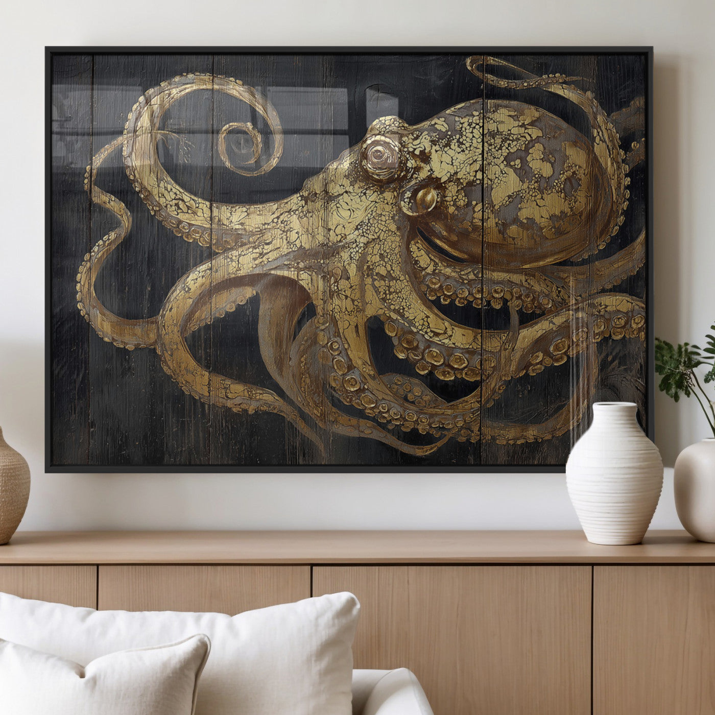 47056538-MGV-FP-36X24-3P_Black-Octopus Wall Art – Gold Nautical Canvas Print with Rustic Wood Texture, Marine Creature Artwork for Coastal Ocean Decoration in