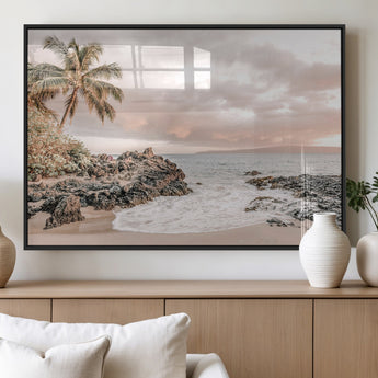 18005328-MGV-FP-36X24-3P_Black-Tropical Beach Wall Art – Coastal Ocean Canvas Print with Palm Tree, Sunset Sky and Rocky Shore, Serene Seascape Photography for