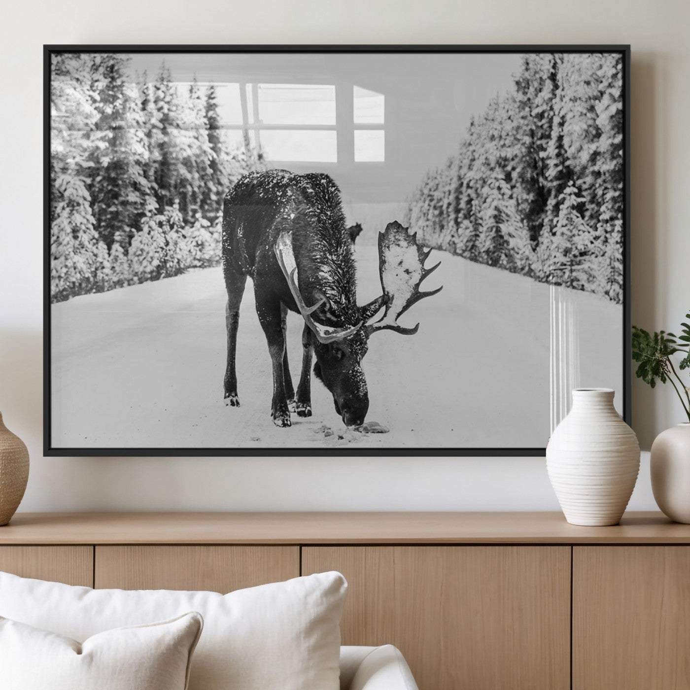38956835-MGV-FP-60X30-3P_Black-Moose Winter Snowy Forest Canvas Wall Art – Wildlife Nature, Antlers in Frozen Landscape, Quiet Path, Cold Season Outdoors Print