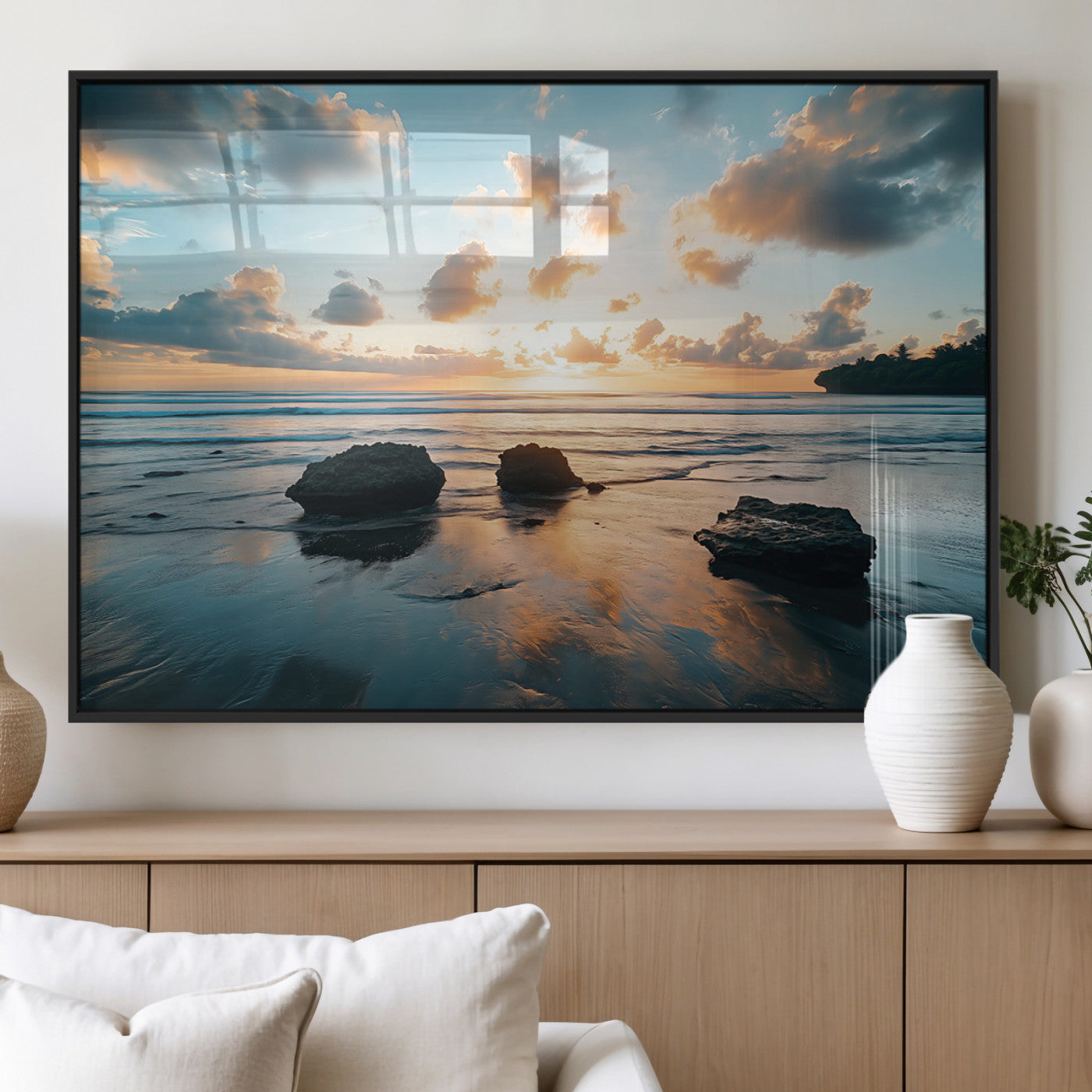 23879436-MGV-FP-60X30-3P_Black-Rocky Ocean Sunset Canvas Wall Art – Seaside Dramatic Seascape, Ocean Sunset Art Print for Coastal Modern Decor for Nature