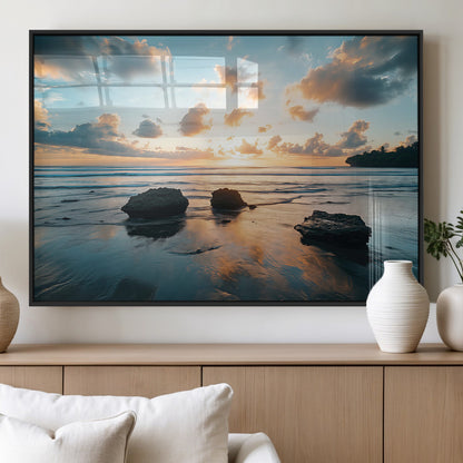 23879436-MGV-FP-60X30-3P_Black-Rocky Ocean Sunset Canvas Wall Art – Seaside Dramatic Seascape, Ocean Sunset Art Print for Coastal Modern Decor for Nature