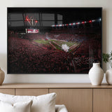 60690191-MGV-FP-36X24-3P_Black-Stadium Wall Art – Night Game Football Canvas Print with Fireworks, Marching Band and Crowd, Panoramic Sports Photography for Man