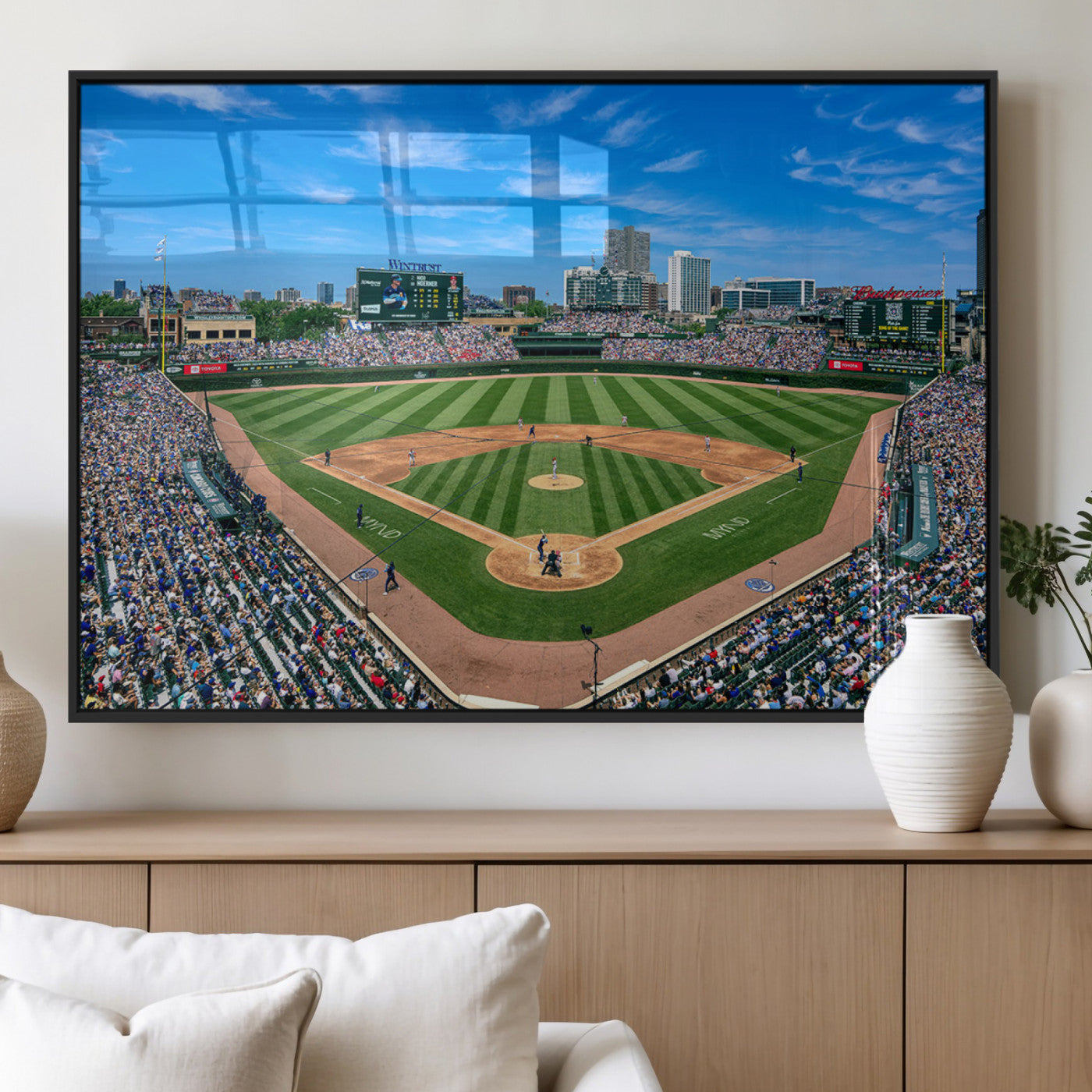 56213978-MGV-FP-60X30-3P_Black-Wrigley Field Baseball Stadium Canvas Wall Art – Packed Crowd Sports Stadium Print, City Skyline Baseball Field Canvas for Game