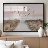 34632598-MGV-FP-36X24-3P_Black-Beach Pathway Wall Art – Coastal Canvas Print with Sandy Trail, Flying Birds and Pastel Sky, Serene Ocean Landscape Photography