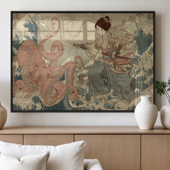 54879547-MGV-FP-36X24-3P_Black-Samurai Woman Wall Art – Japanese Ukiyo-e Style Canvas Print with Katana and Octopus, Traditional Asian Inspired Battle Artwork