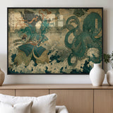 24416422-MGV-FP-36X24-3P_Black-Samurai vs Octopus Wall Art – Japanese Warrior Ocean Battle Canvas Print, Ukiyo e Inspired Decor for Home, Office, or Man Cave